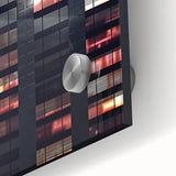 Mid-century modernist abstract skyscraper design in cool gray tones on acrylic glass, ideal for dining room art.