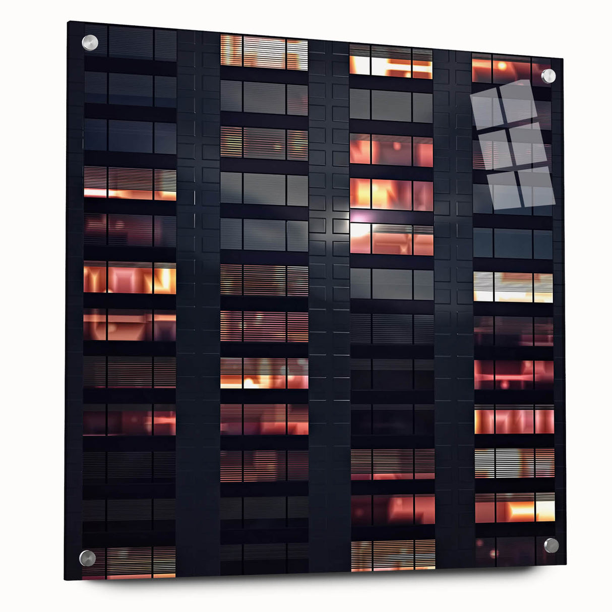 Acrylic glass print of a modern skyscraper design in gray and silver tones, suitable for bedroom or dining room decor.