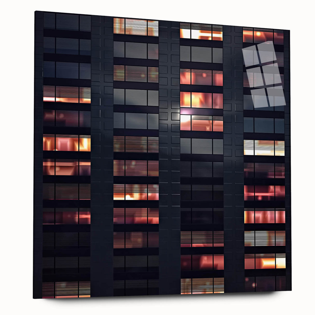 Large abstract wall art of skyscrapers on acrylic glass, using cool gray tones.