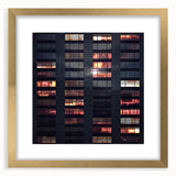Abstract skyscraper design in textured art print with gold frame, featuring neutral and gray tones.