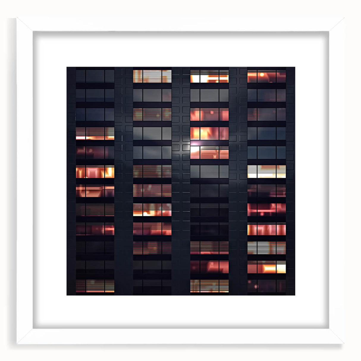 Extra large abstract art print featuring textured skyscraper design in muted gray, framed in white.