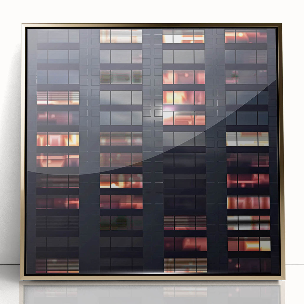 Mid-century modernist art depicting skyscrapers in gold and black tones on a framed acrylic.