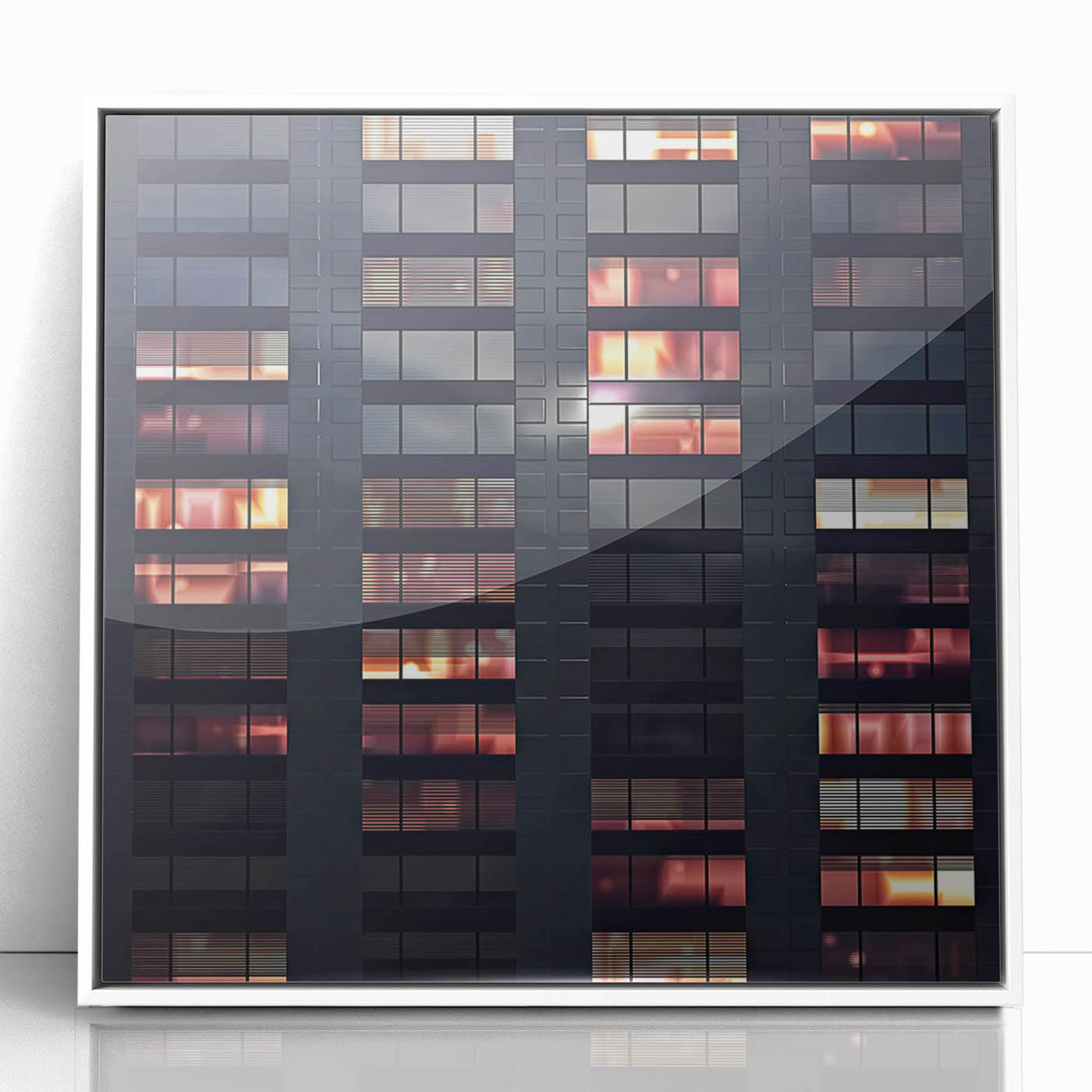 Mid-century modernist skyscraper design on a large framed acrylic print with a white border, ideal for modern art wall decor.