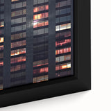 Extra large black wall art featuring a textured skyscraper design with colorful accents on a framed canvas.