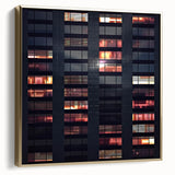 Framed canvas featuring a vintage poster art style landscape of skyscrapers in silver and gold tones, ideal for office decor.