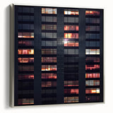 Vintage poster art of a black skyscraper design on a silver-framed canvas, ideal for extra large living room wall decor.