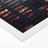 Art deco poster of a skyscraper, in muted gray tones on rolled canvas, suitable for dining room wall art.