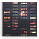 Black and white photograph of skyscrapers on stretched canvas, suitable as large kitchen wall art.