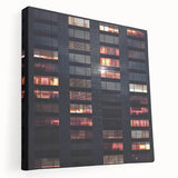 Modern skyscraper architecture on a stretched canvas, featuring gray and metallic tones, ideal for kitchen wall art.