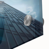 Mid-century modernist large abstract wall art of skyscrapers on acrylic glass, suited for dining room ambiance.