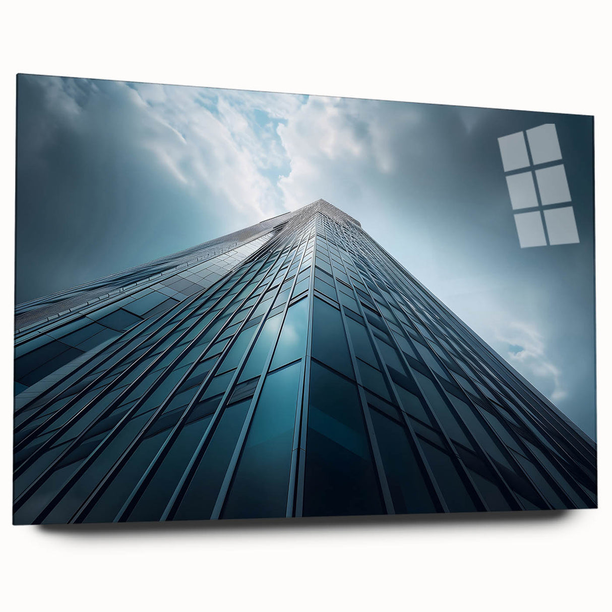 Large abstract wall art featuring a skyscraper design on acrylic glass, in muted gray tones.