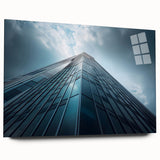 Large abstract wall art featuring a skyscraper design on acrylic glass, in muted gray tones.