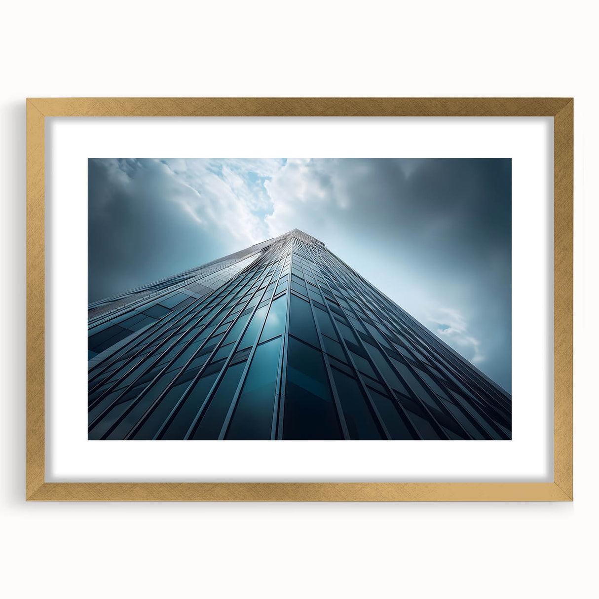 Textured art depicting abstract skyscraper design in gold frame, ideal for modern bedroom decor.