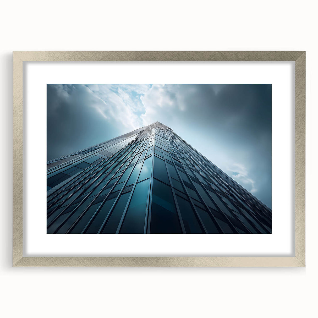 Abstract art print depicting a skyscraper in muted gray tones on a silver-framed canvas.