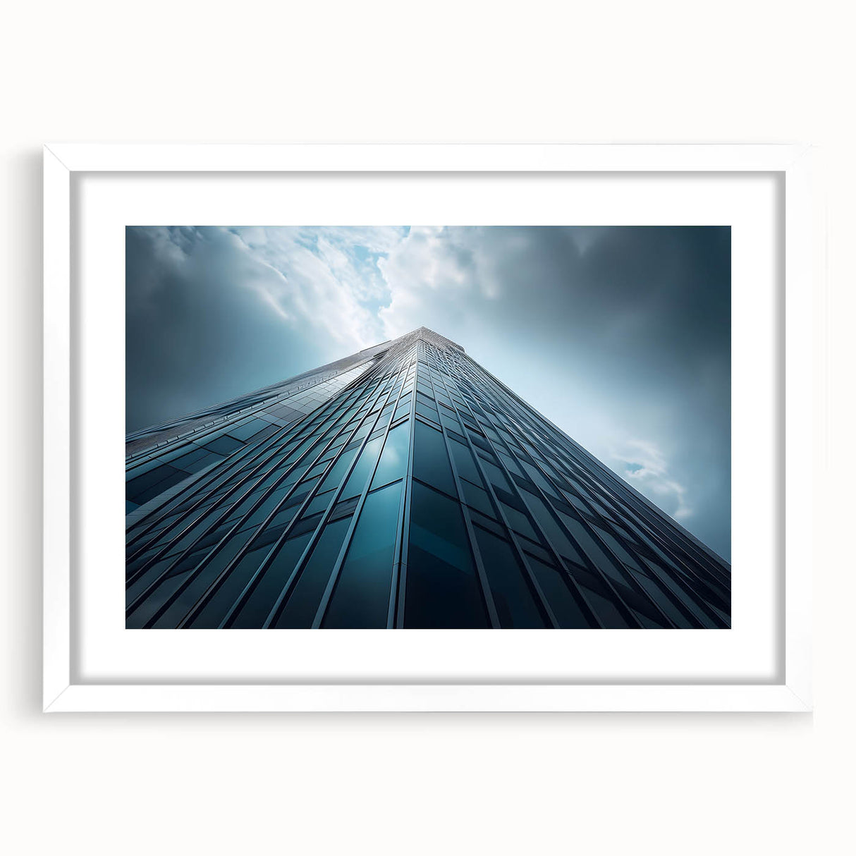 Extra large abstract art print featuring textured skyscraper design in muted grays and whites, framed with a white mat.