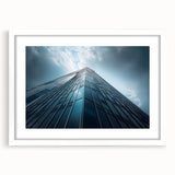 Extra large abstract art print featuring textured skyscraper design in muted grays and whites, framed with a white mat.