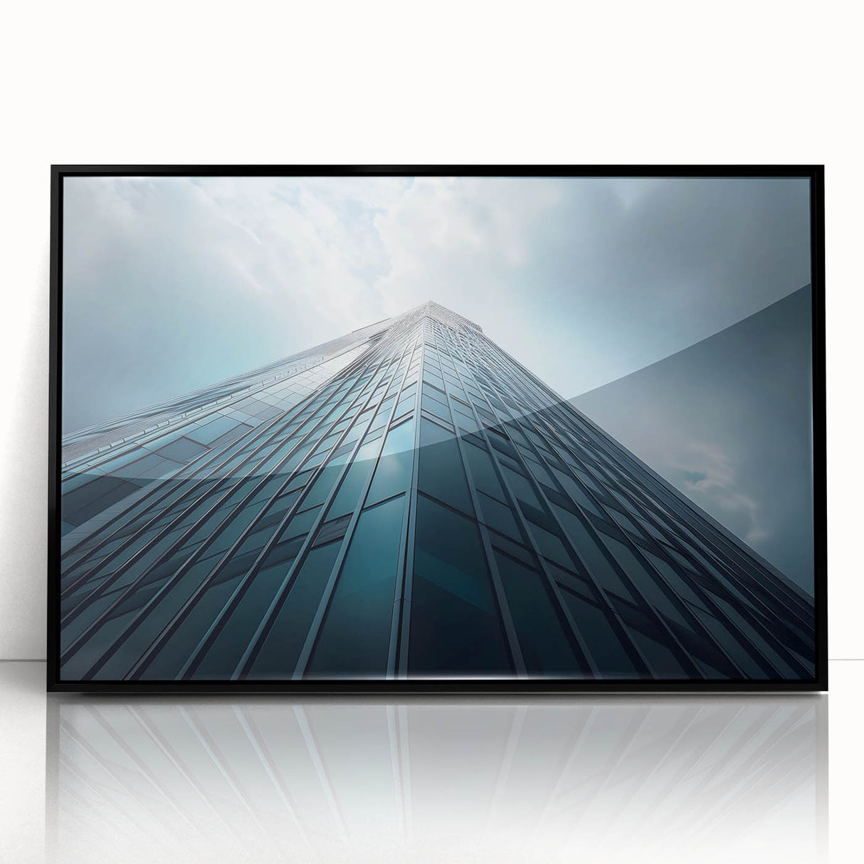Large abstract wall art featuring a black and white skyscraper design on a framed acrylic, ideal for modern office spaces.