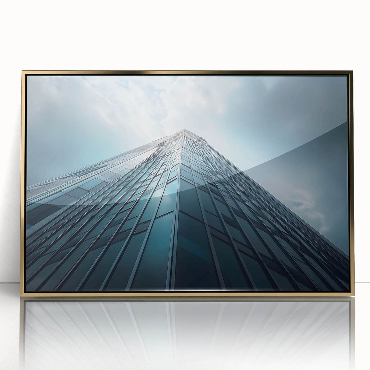 Mid-century modernist art depicting an architectural skyscraper in gold tones on a framed acrylic print.