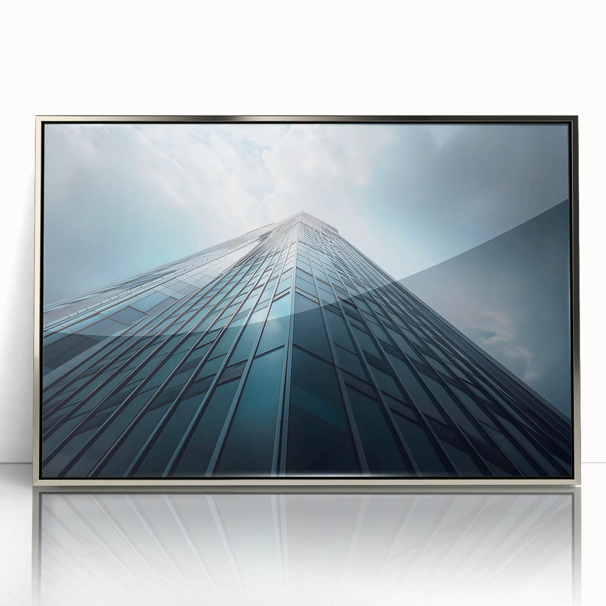 Art deco skyscraper design in silver and gray tones on a framed acrylic, suitable for modern art wall decor.