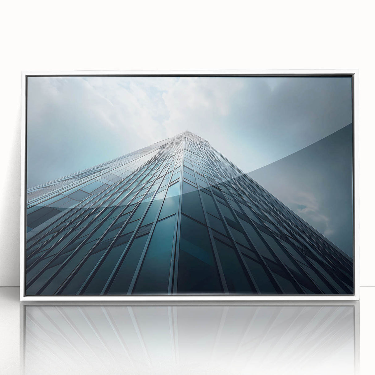 Mid-century modernist skyscraper design on a large acrylic print with white frame, suited for modern art wall decor.