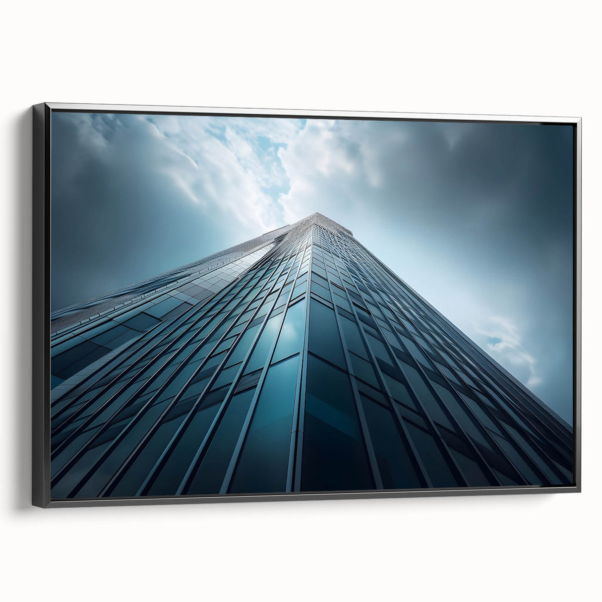 Black and white framed canvas featuring a vintage poster of skyscraper architecture, ideal for bedroom wall decor.