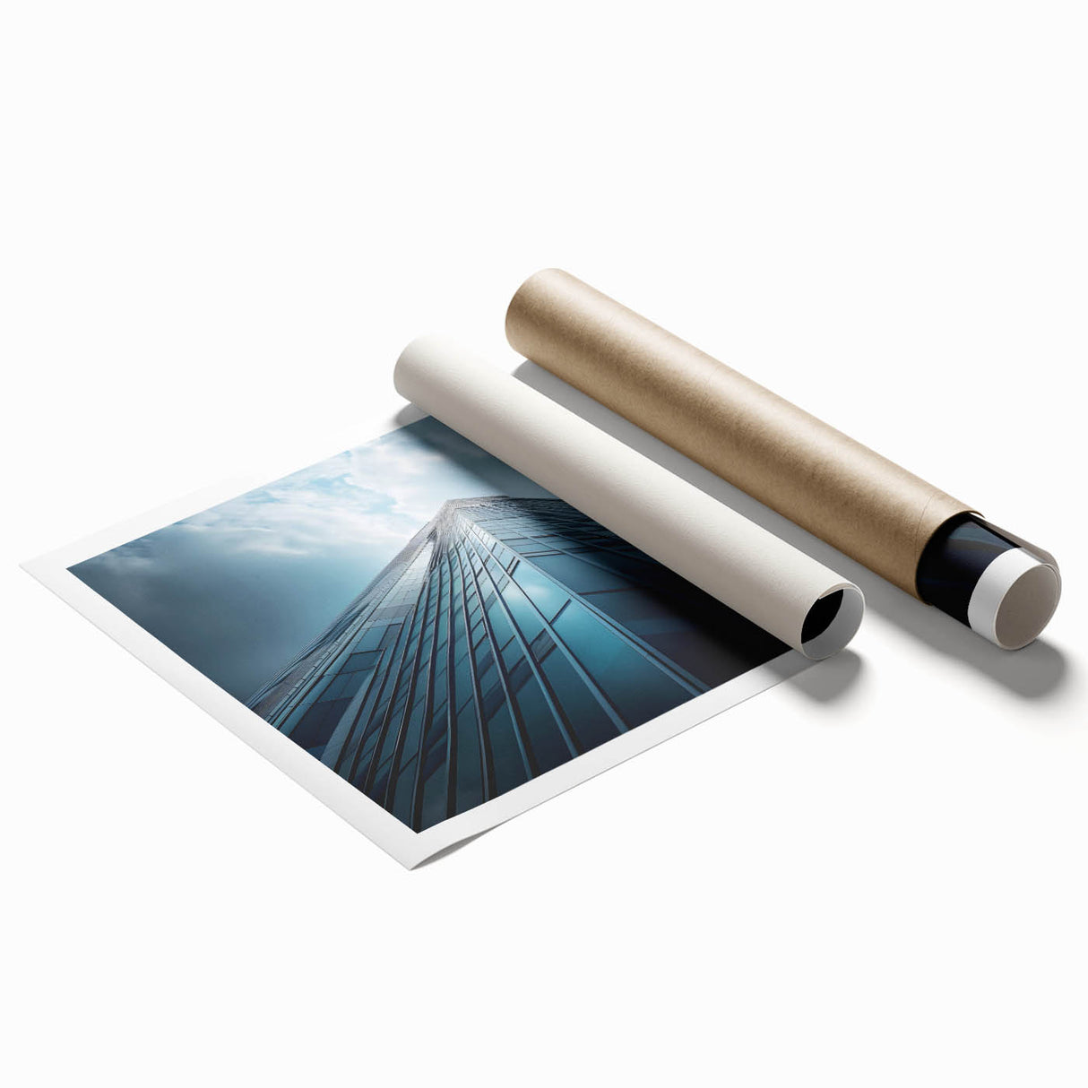 Extra large rolled print featuring a minimalist skyscraper design in muted gray tones, ideal for modern bathroom decor.