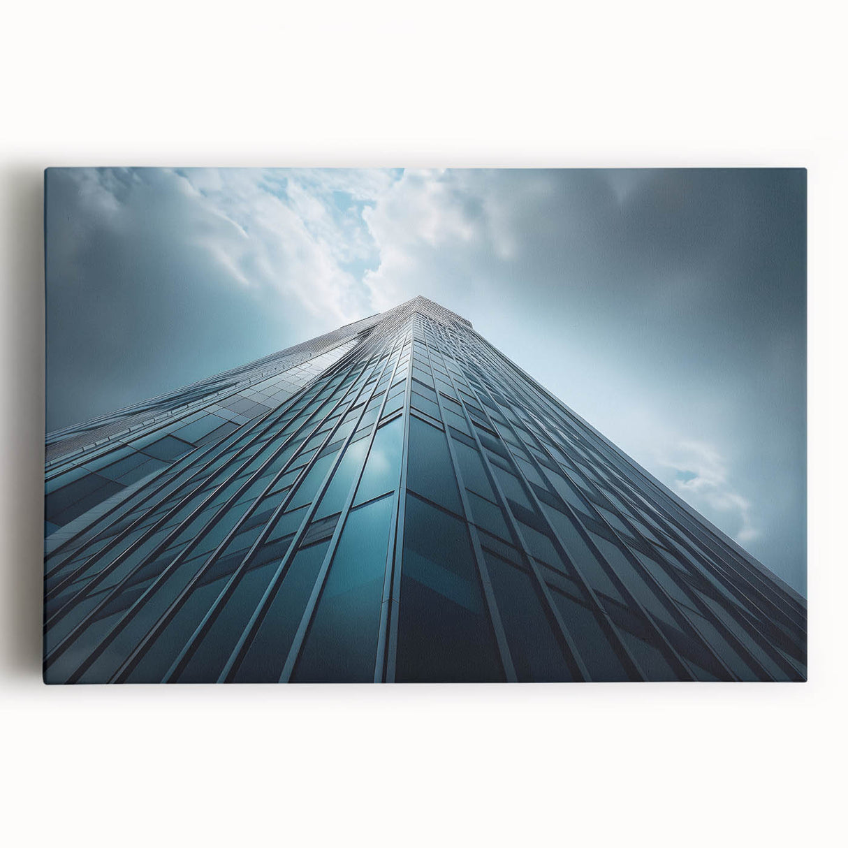 Black and white photo of skyscrapers on stretched canvas, suitable as large kitchen wall art.