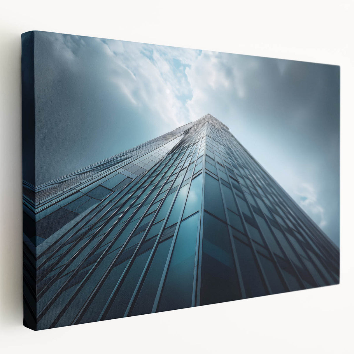 A large stretched canvas featuring a detailed skyscraper design in monochrome tones, suitable for modern kitchen decor.