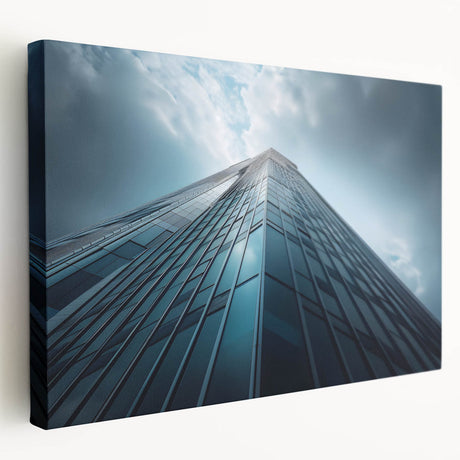 A large stretched canvas featuring a detailed skyscraper design in monochrome tones, suitable for modern kitchen decor.