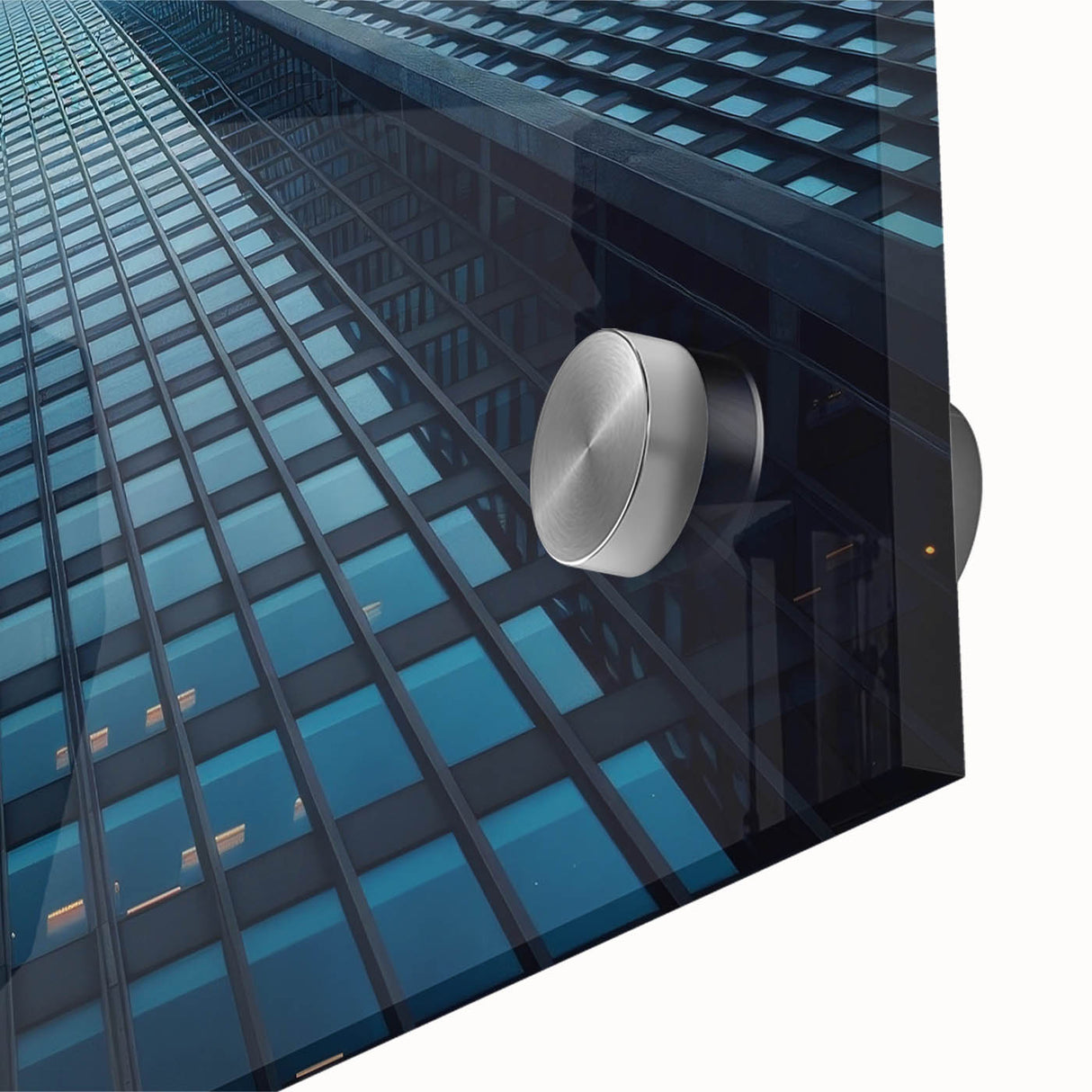 Large abstract wall art on acrylic glass featuring a mid-century modernist skyscraper design in muted gray tones.