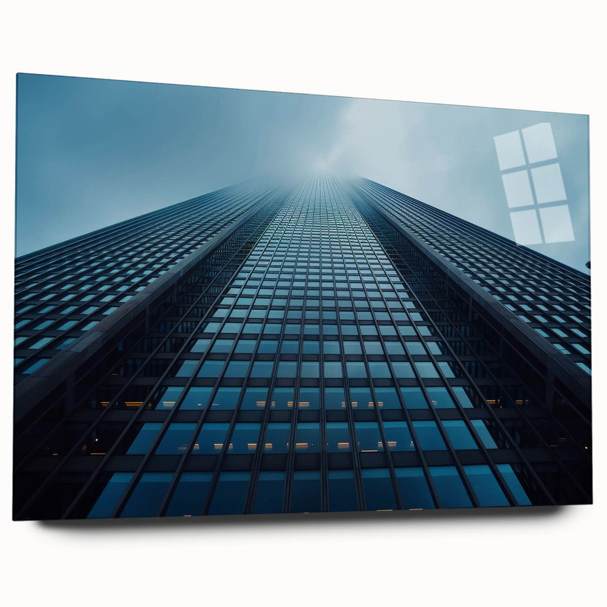 Acrylic print of a large abstract skyscraper design in muted gray and blue, ideal for modern bedroom or dining room decor.