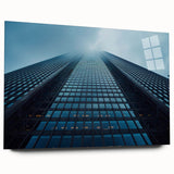 Acrylic print of a large abstract skyscraper design in muted gray and blue, ideal for modern bedroom or dining room decor.