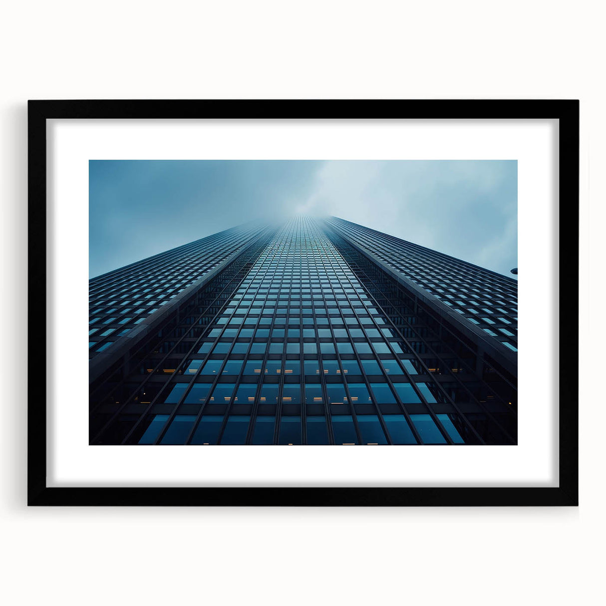 Abstract skyscraper design in vibrant colors on a large framed canvas, suitable for living room decor.