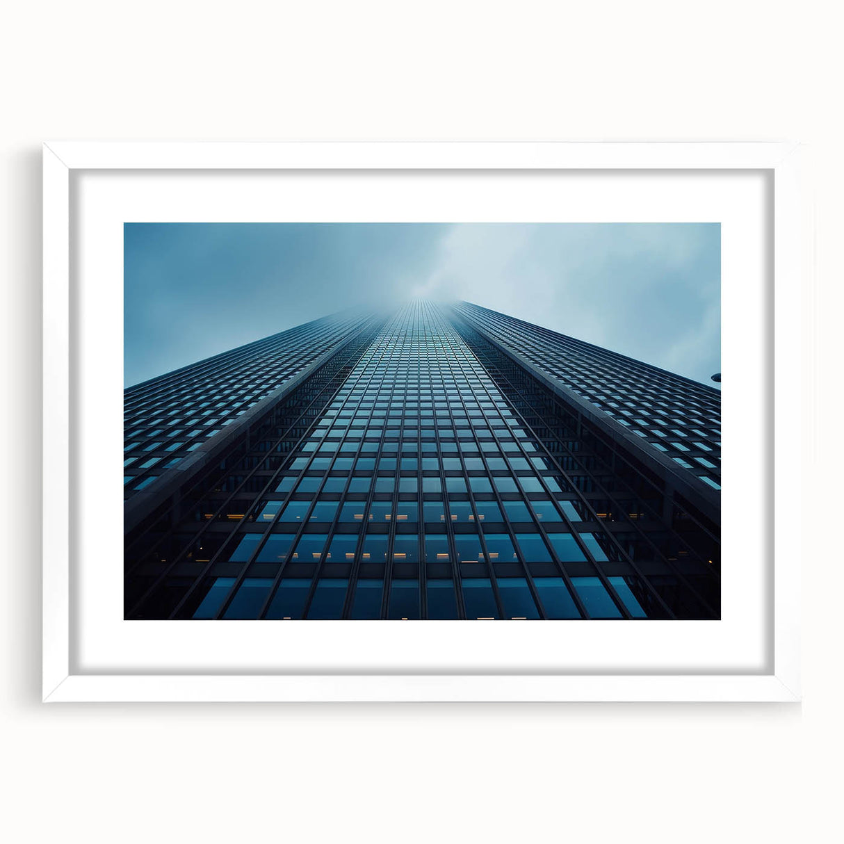 Extra large abstract art print featuring textured skyscraper design in muted grays and whites, framed with a white mat.