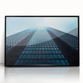 Large abstract wall art of skyscrapers in muted gray tones, framed in black acrylic, suitable for modern office decor.