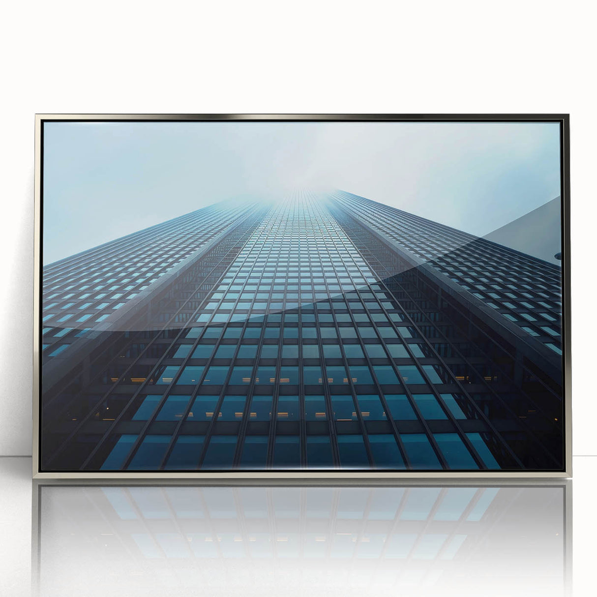 Art Deco skyscraper design in silver frame, acrylic print, suitable for modern art wall decor.