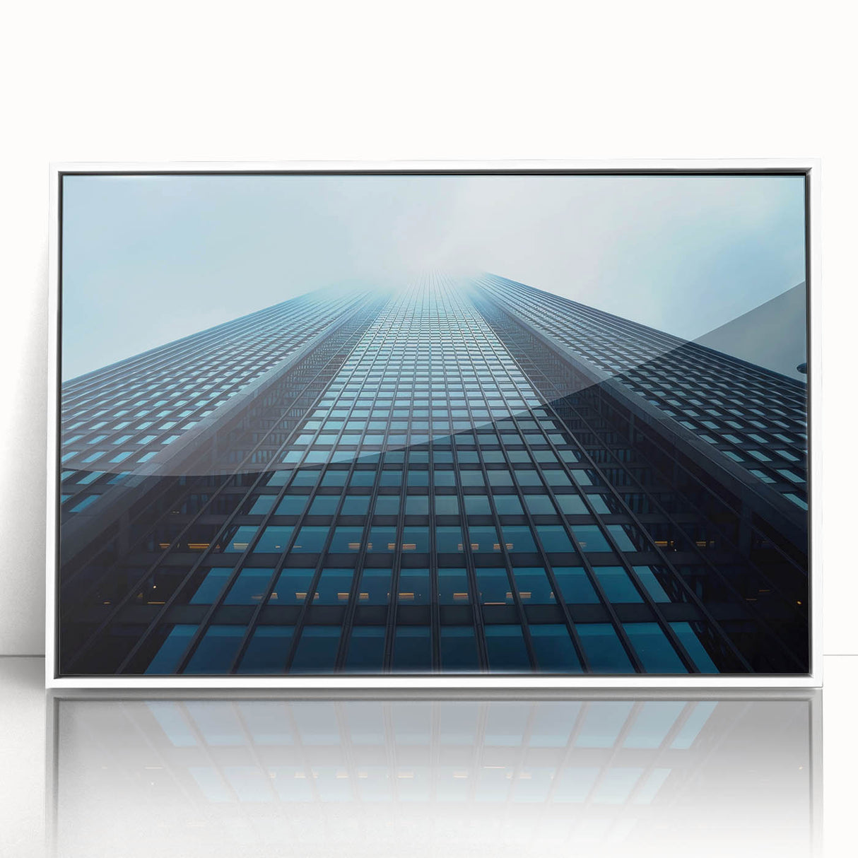 Mid-century modernist skyscraper design in monochrome tones on framed acrylic, suitable for modern art wall decor.