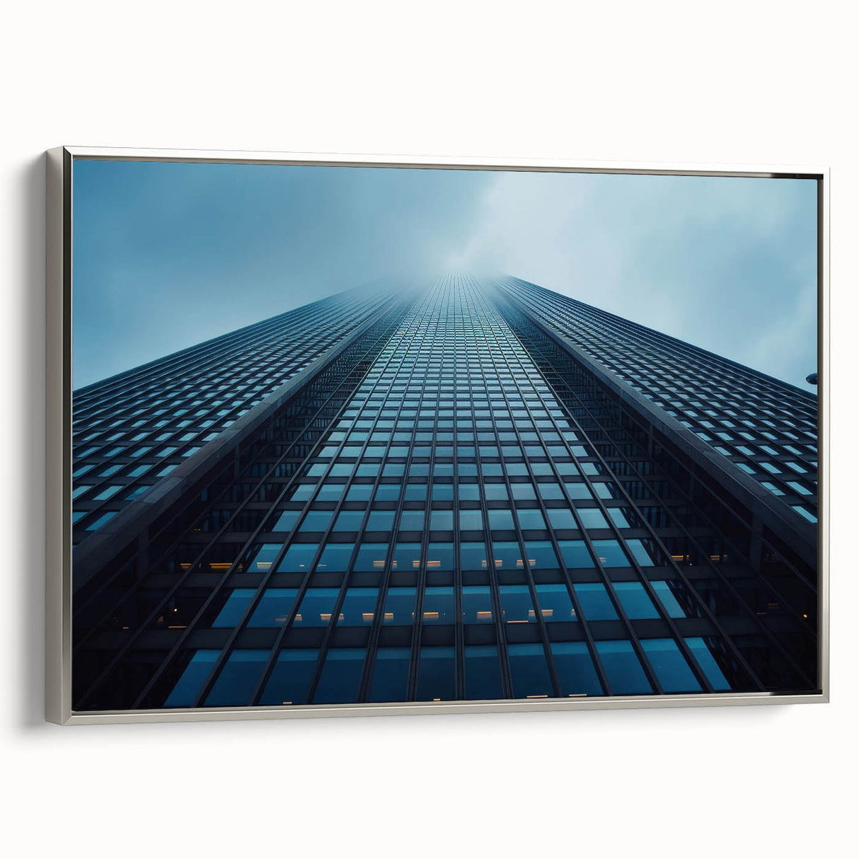 Framed canvas of a vintage poster art featuring a silver skyscraper, ideal for extra large living room wall decor.