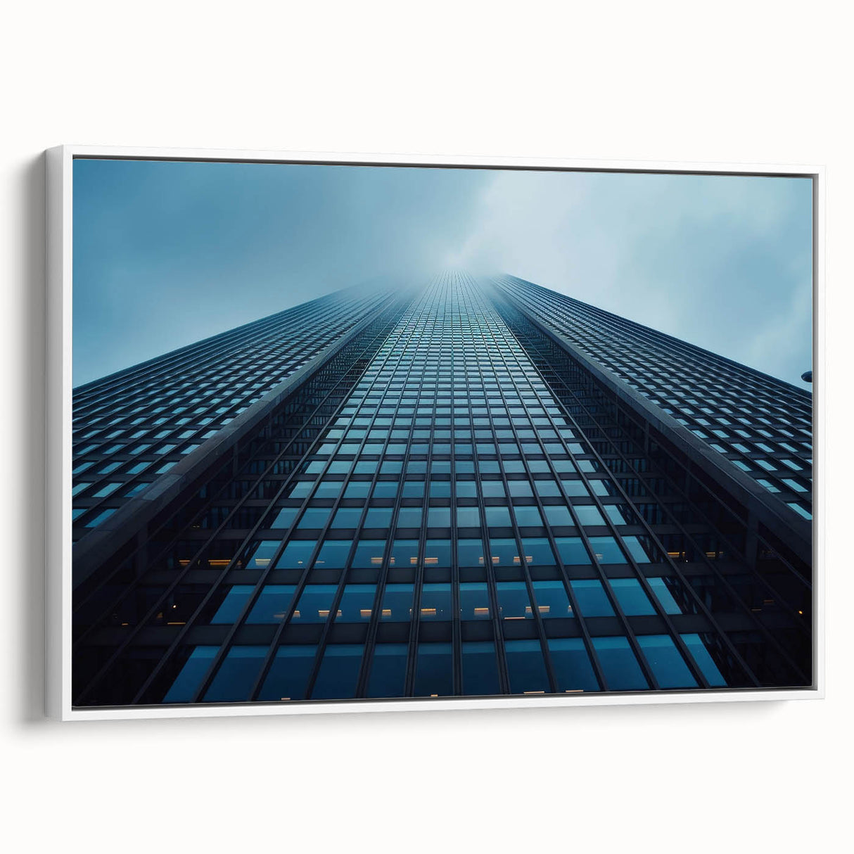 Framed canvas featuring a black and white vintage poster of skyscraper architecture, ideal for bedroom wall art.