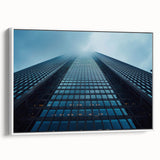 Framed canvas featuring a black and white vintage poster of skyscraper architecture, ideal for bedroom wall art.