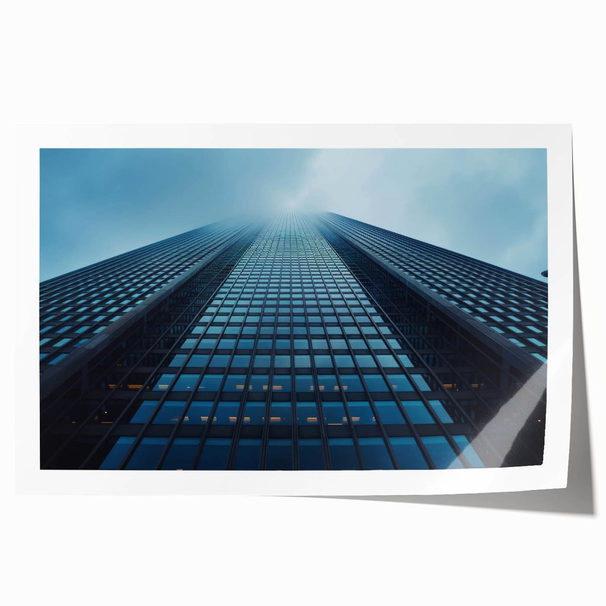 Rolled print of a skyscraper design in muted gray, ideal for art wall dining room or large bathroom decor.