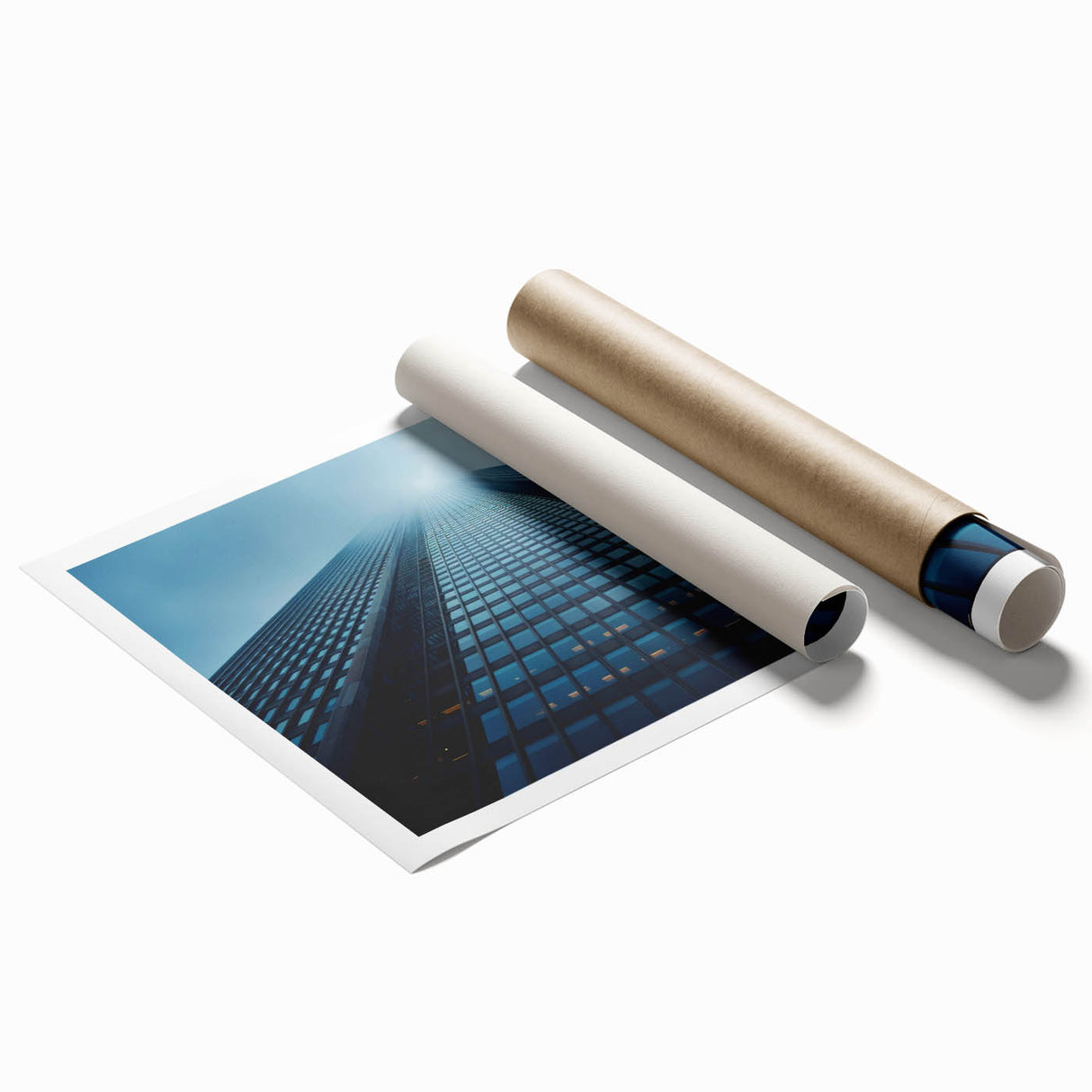 Extra large rolled print of a skyscraper design in muted gray tones, suitable for classy bathroom wall art.