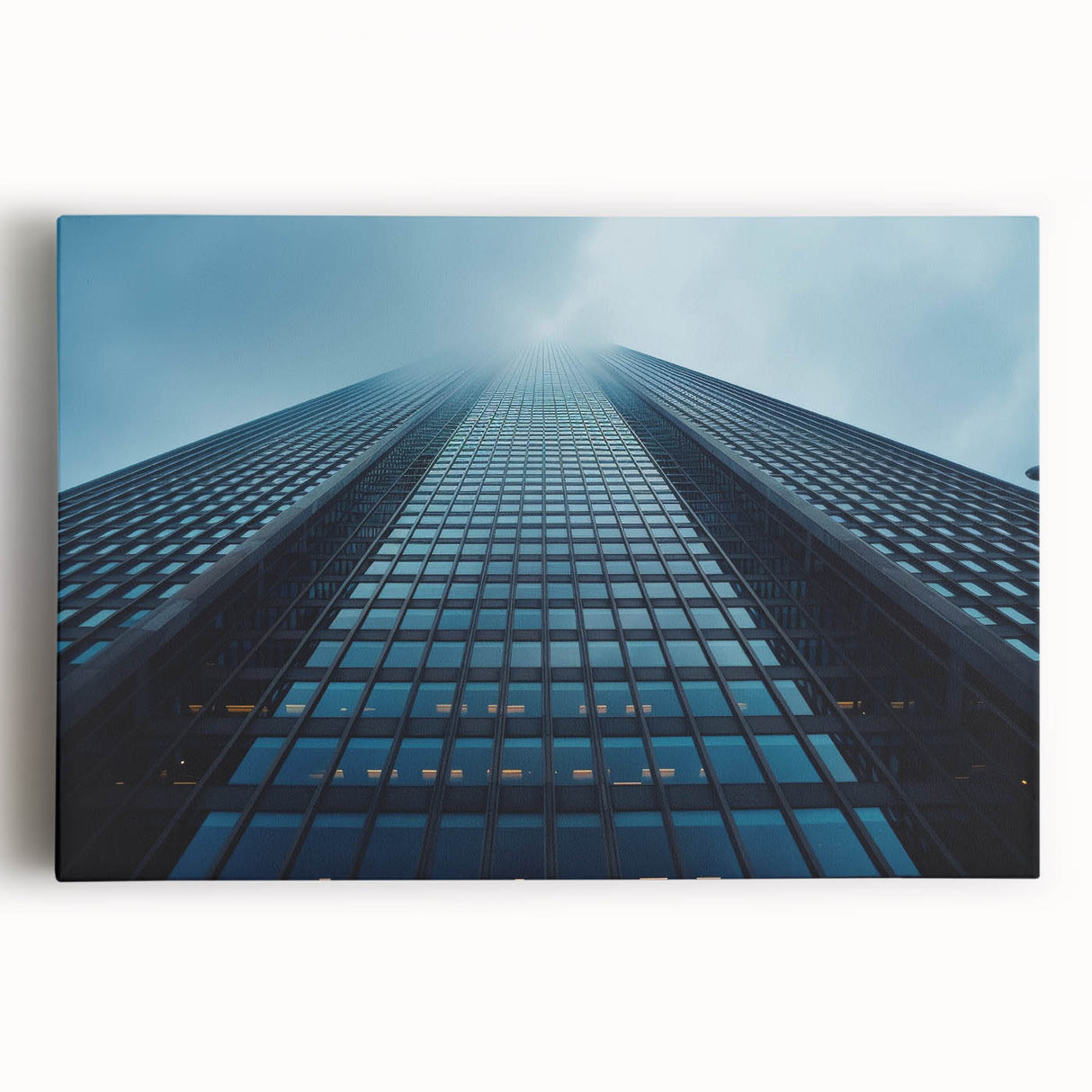 Black and white photo of towering skyscrapers on stretched canvas, ideal for kitchen wall art.