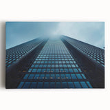 Black and white photo of towering skyscrapers on stretched canvas, ideal for kitchen wall art.