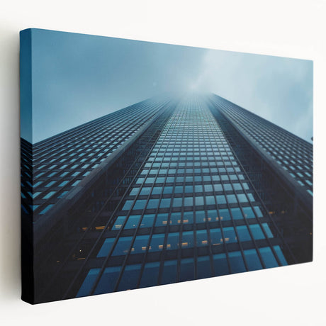 Large art print of a modern skyscraper in grayscale on stretched canvas, suitable for kitchen wall art.