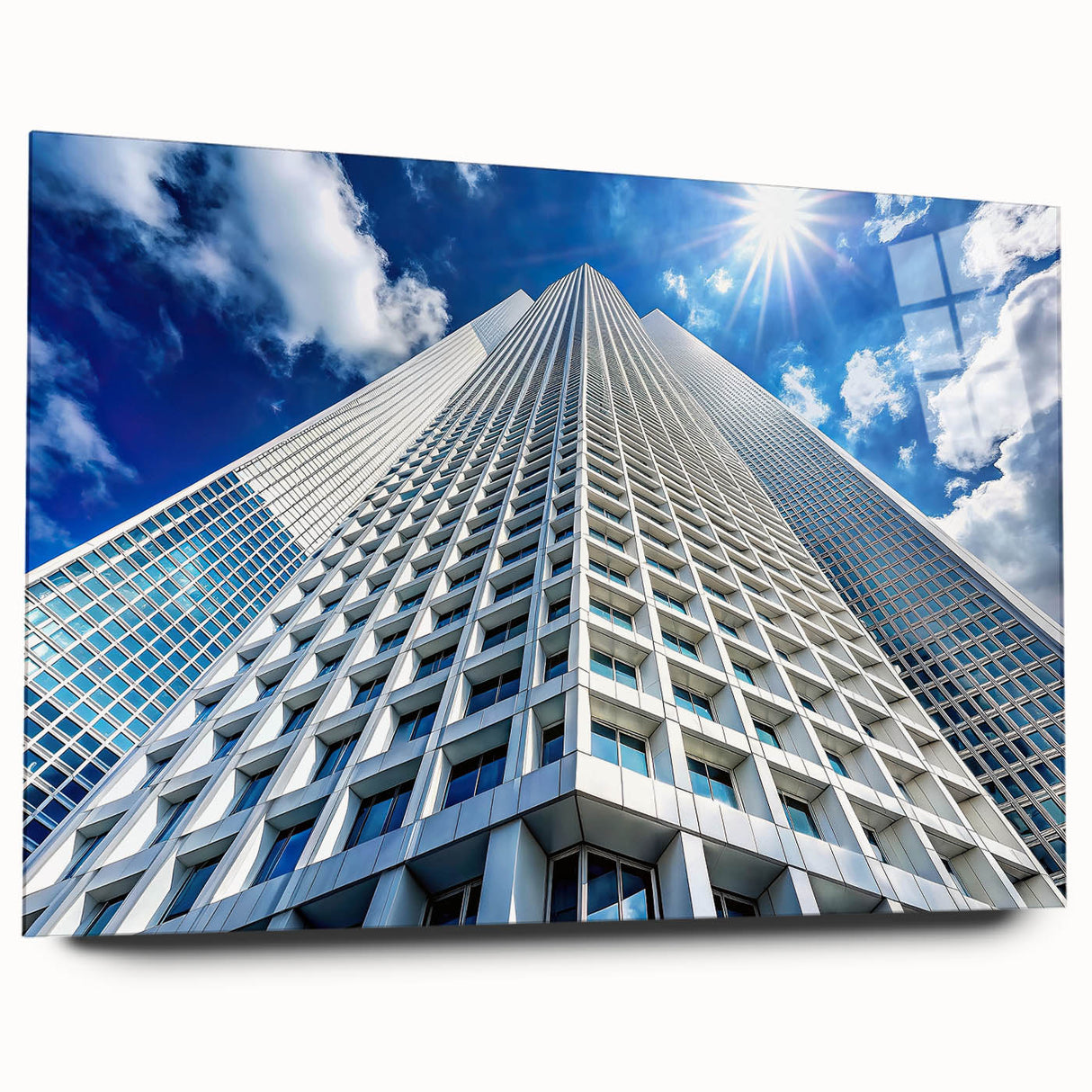 Large abstract acrylic glass print of skyscraper designs in grayscale, ideal for modern bedroom or dining room decor.