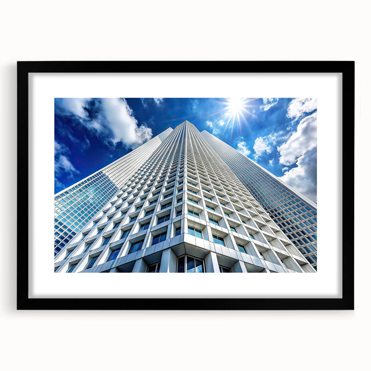 Extra large abstract art print featuring colorful, textured skyscraper designs on a black framed mat.