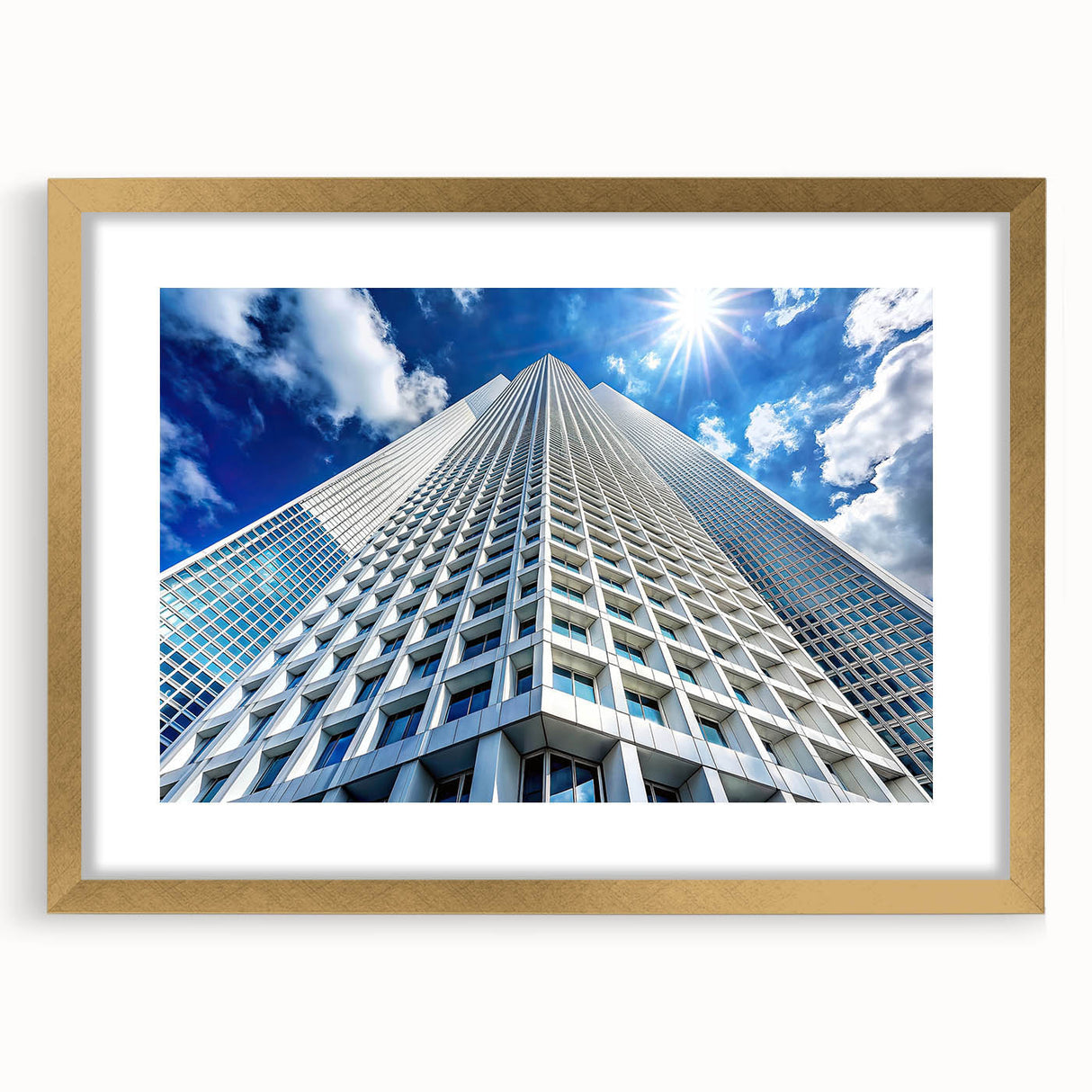 Textured abstract art print of a skyscraper design in muted gray tones on a framed canvas, suitable for bedroom decor.
