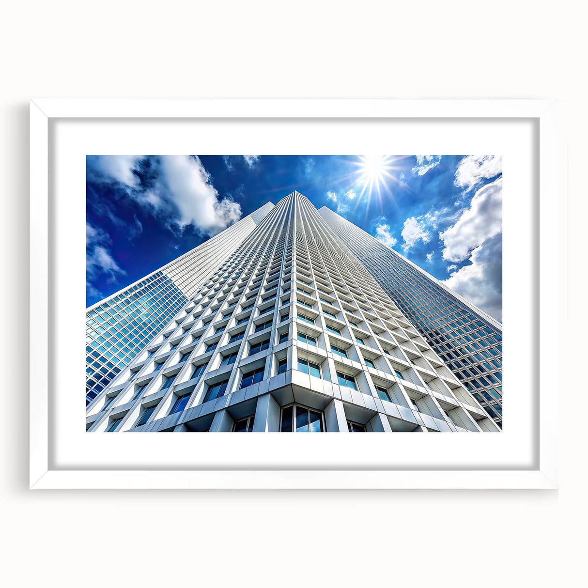 Extra large abstract art print featuring a textured skyscraper design in gray tones, framed with a white mat.