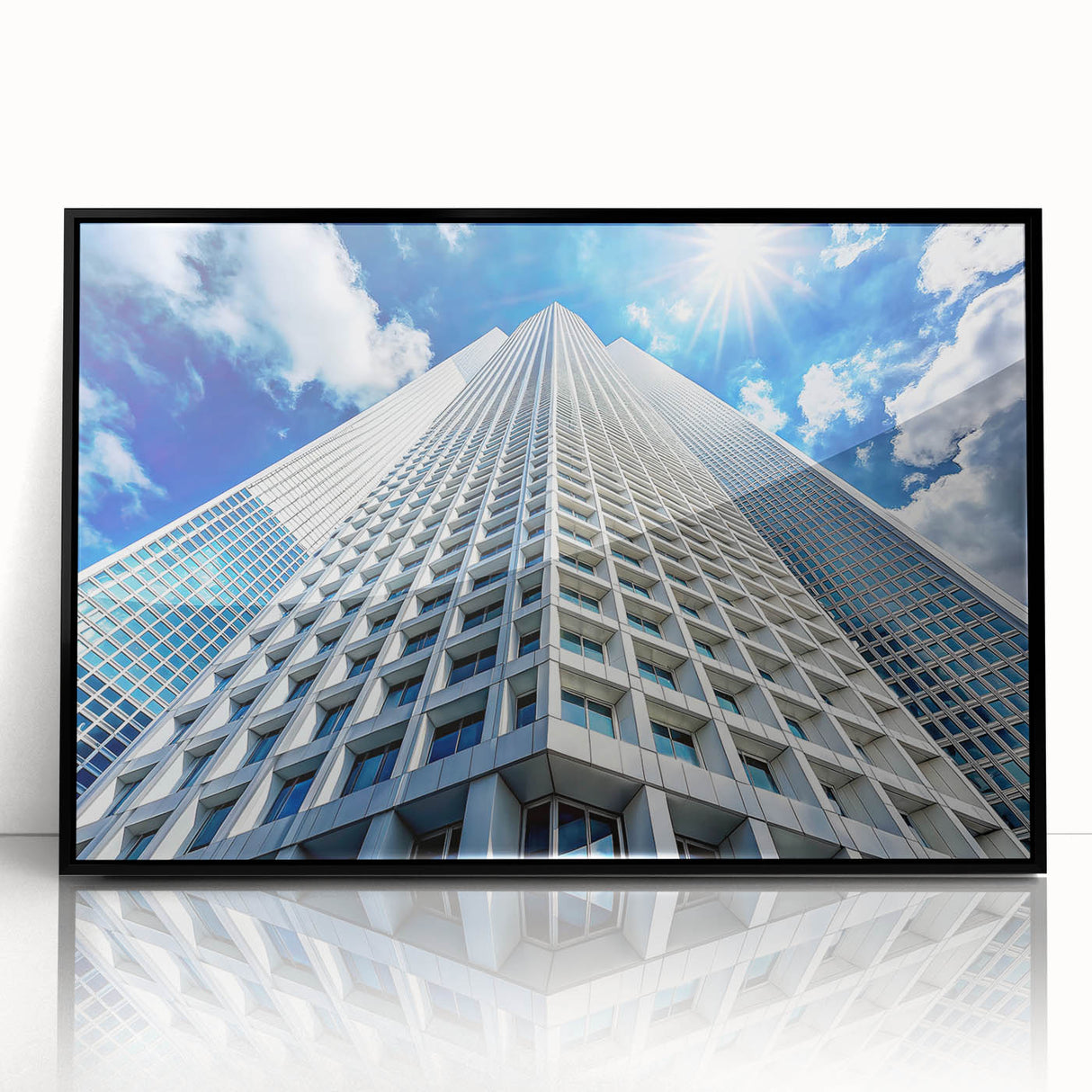 Large abstract wall art featuring black and white skyscraper designs on a framed acrylic, suitable for modern office decor.